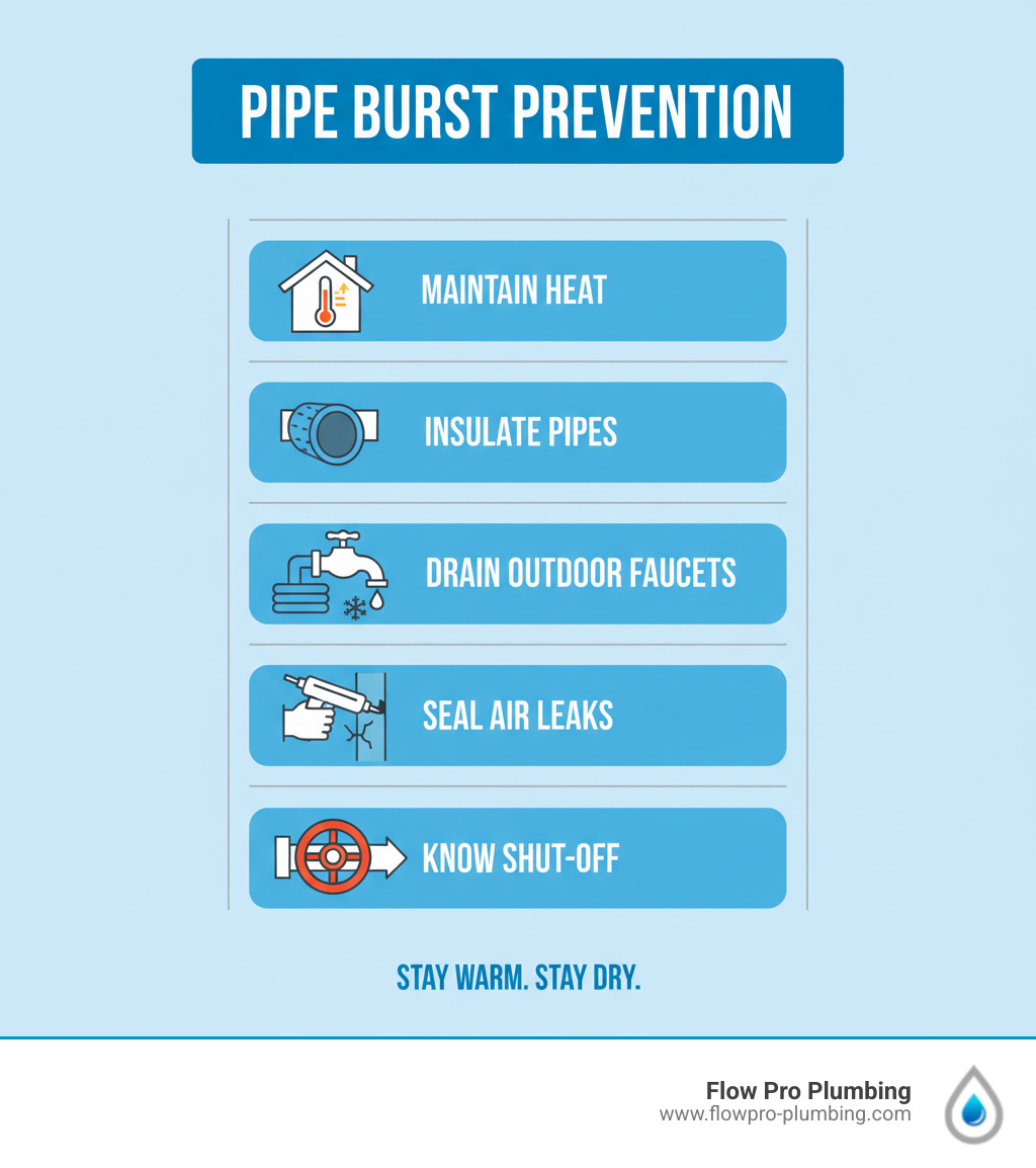 Infographic detailing key steps for pipe burst prevention, including insulation, temperature maintenance, outdoor faucet care, and knowing the shut-off valve location - pipe burst prevention infographic Infographic detailing key steps for pipe burst prevention, including insulation, temperature maintenance, outdoor faucet care, and knowing the shut-off valve location - pipe burst prevention infographic