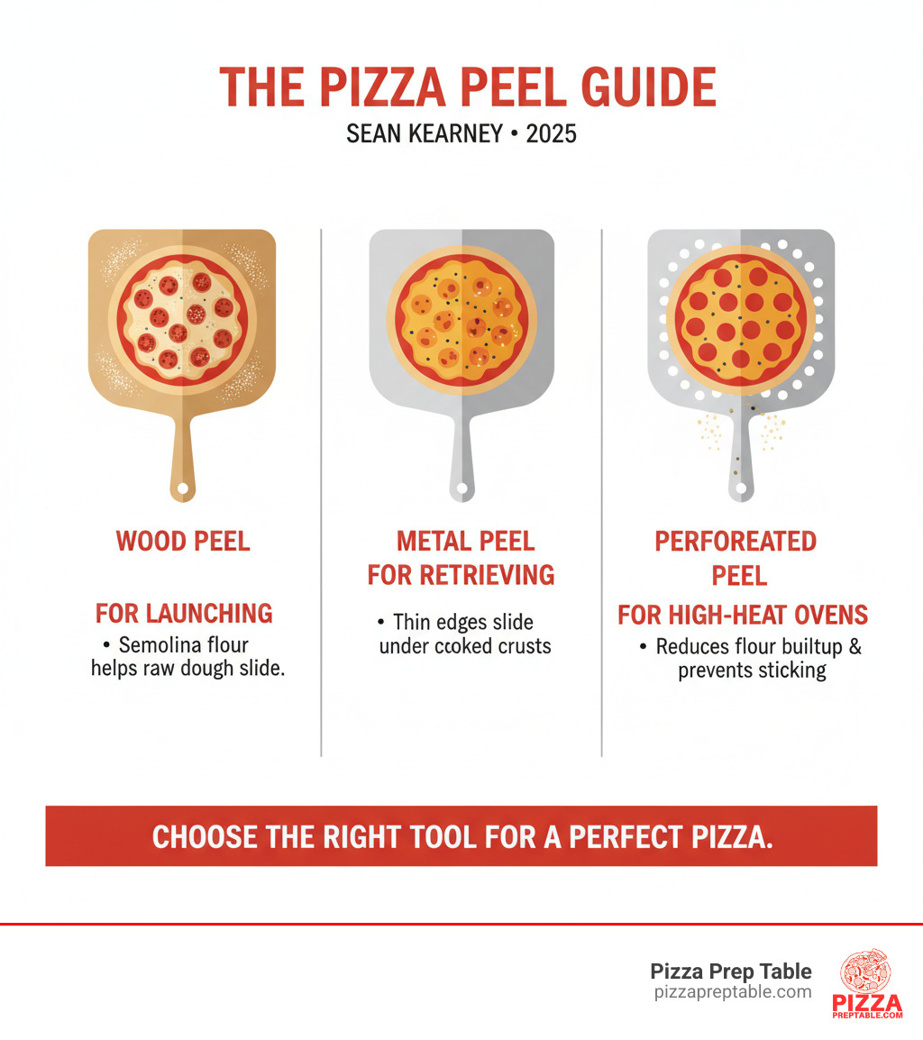 Complete guide to pizza peel types showing wood peels for launching pizzas with semolina flour, metal peels for retrieving with thin edges, and perforated peels for reducing flour buildup in high-heat ovens - pizza peel infographic  Complete guide to pizza peel types showing wood peels for launching pizzas with semolina flour, metal peels for retrieving with thin edges, and perforated peels for reducing flour buildup in high-heat ovens - pizza peel infographic