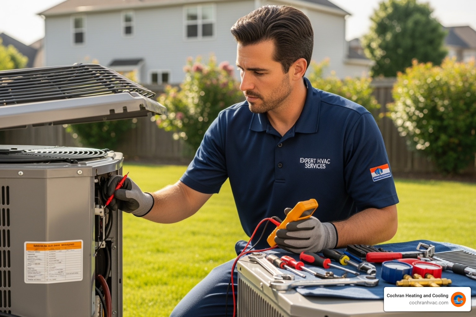 technician servicing an outdoor AC unit - best hvac westmoreland county technician servicing an outdoor AC unit - best hvac westmoreland county