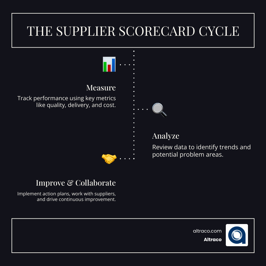 Comprehensive infographic showing the supplier scorecard cycle: Step 1 - Measure performance using key metrics like quality, delivery, and cost; Step 2 - Analyze data to identify trends and problem areas; Step 3 - Improve through targeted action plans and supplier collaboration; Step 4 - Collaborate with suppliers on solutions and continuous improvement, then return to Step 1 for ongoing measurement - supplier scorecards infographic infographic-line-3-steps-dark Comprehensive infographic showing the supplier scorecard cycle: Step 1 - Measure performance using key metrics like quality, delivery, and cost; Step 2 - Analyze data to identify trends and problem areas; Step 3 - Improve through targeted action plans and supplier collaboration; Step 4 - Collaborate with suppliers on solutions and continuous improvement, then return to Step 1 for ongoing measurement - supplier scorecards infographic infographic-line-3-steps-dark