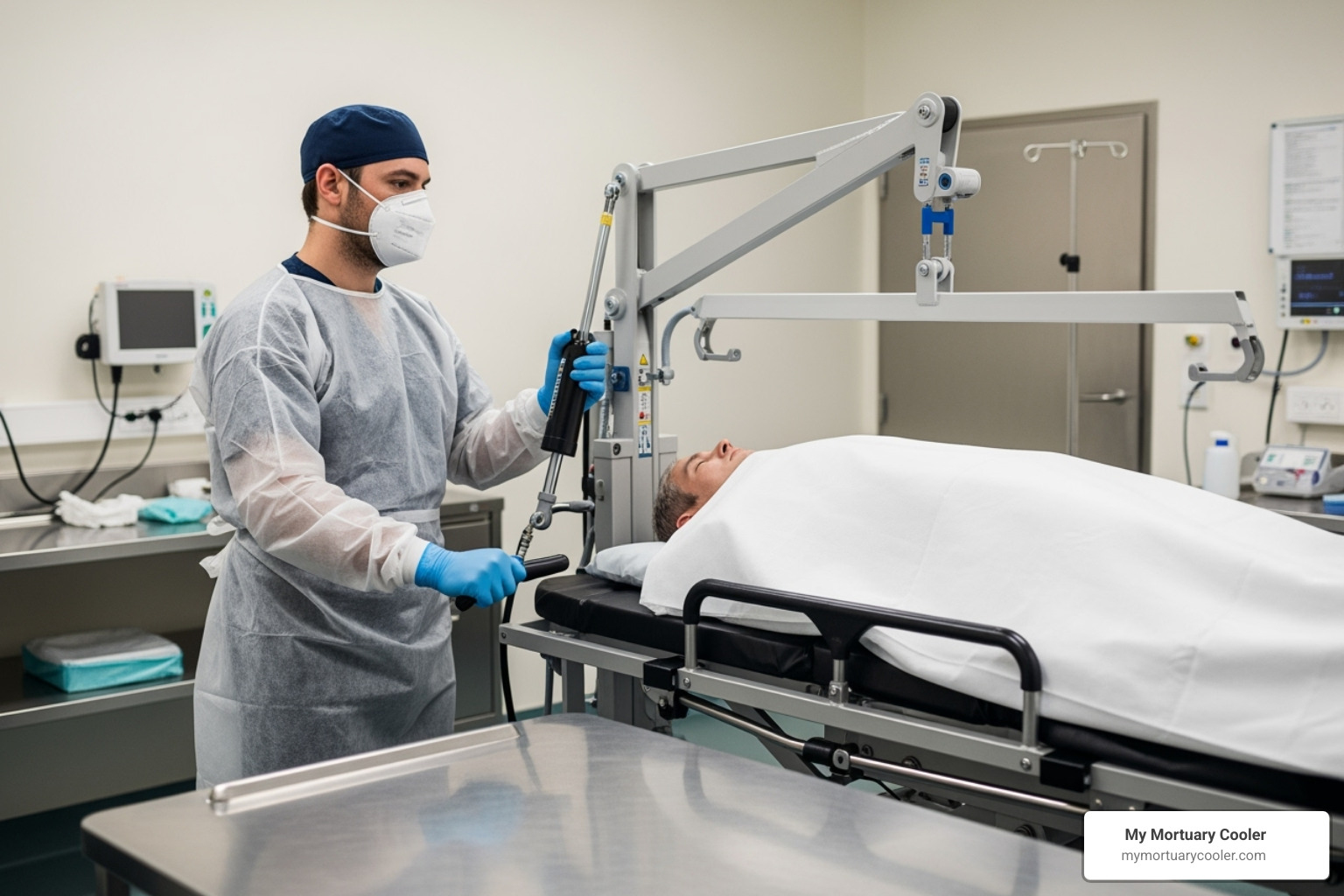Image of a mortuary worker confidently using a hydraulic body lift to smoothly transfer remains, highlighting ease of use and ergonomic design - Hydraulic body lift