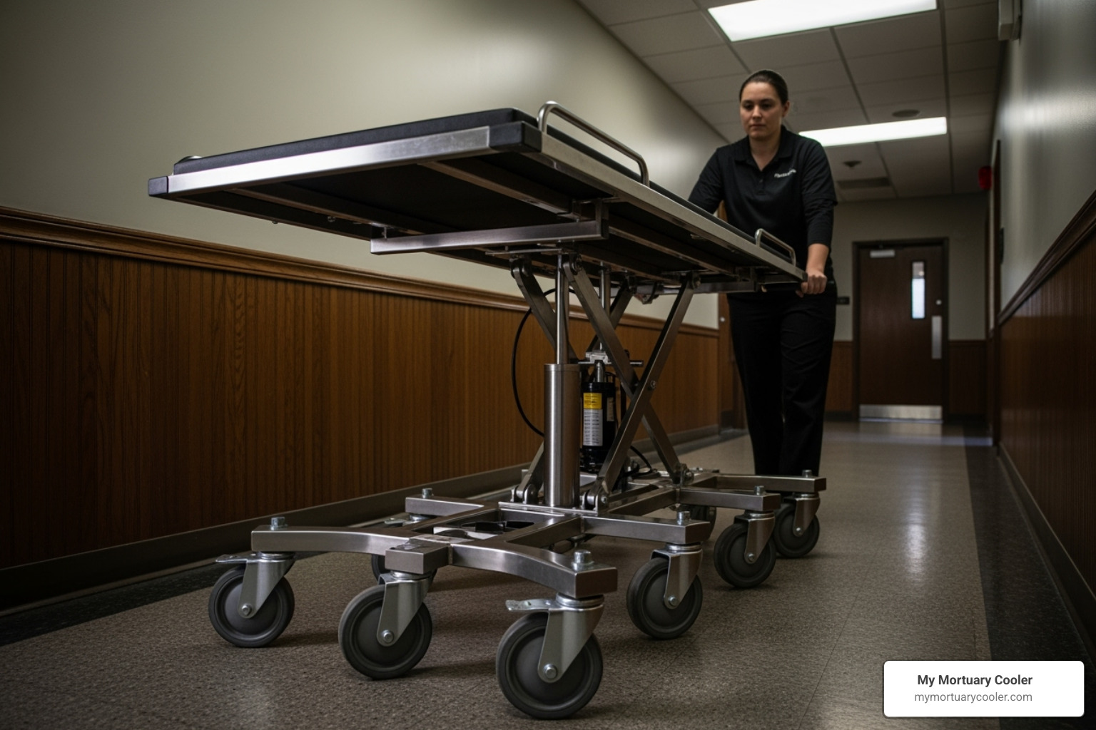 Image showcasing the maneuverability of a hydraulic body lift with nine swivel casters on its base, easily navigating a narrow hallway - Hydraulic body lift
