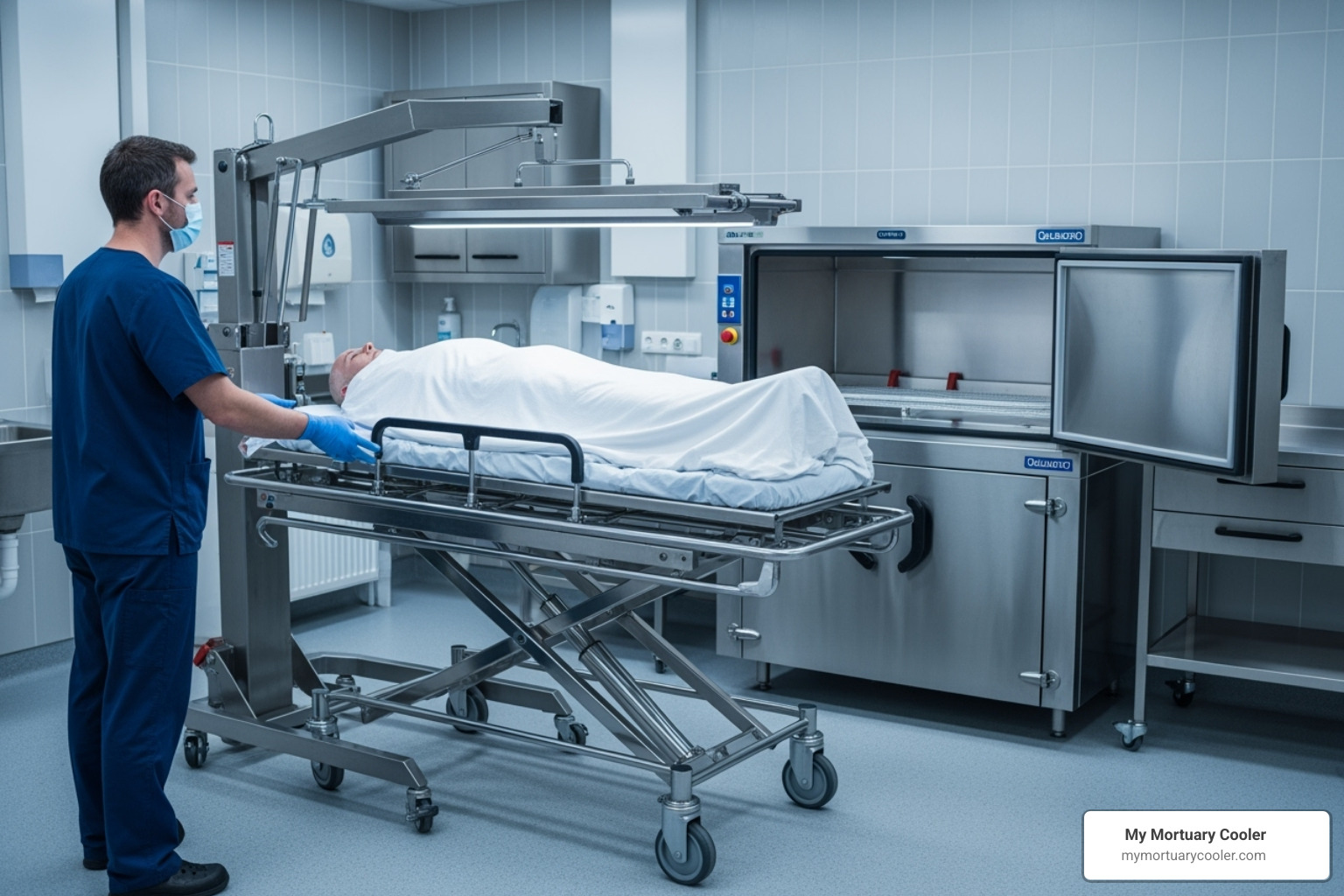 Image of a hydraulic body lift being used to transfer a body from a mortuary stretcher to a mortuary cooler - Hydraulic body lift