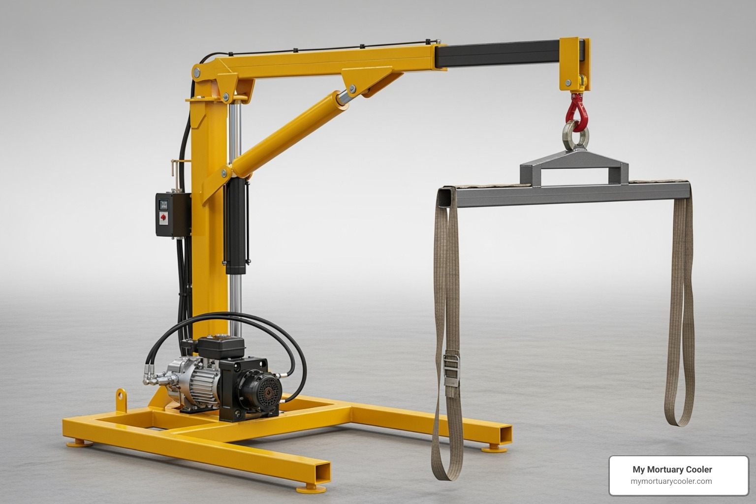 Image of the key components of a hydraulic body lift labeled, showing the frame, hydraulic pump, cylinder, boom, body carriage, and straps - Hydraulic body lift