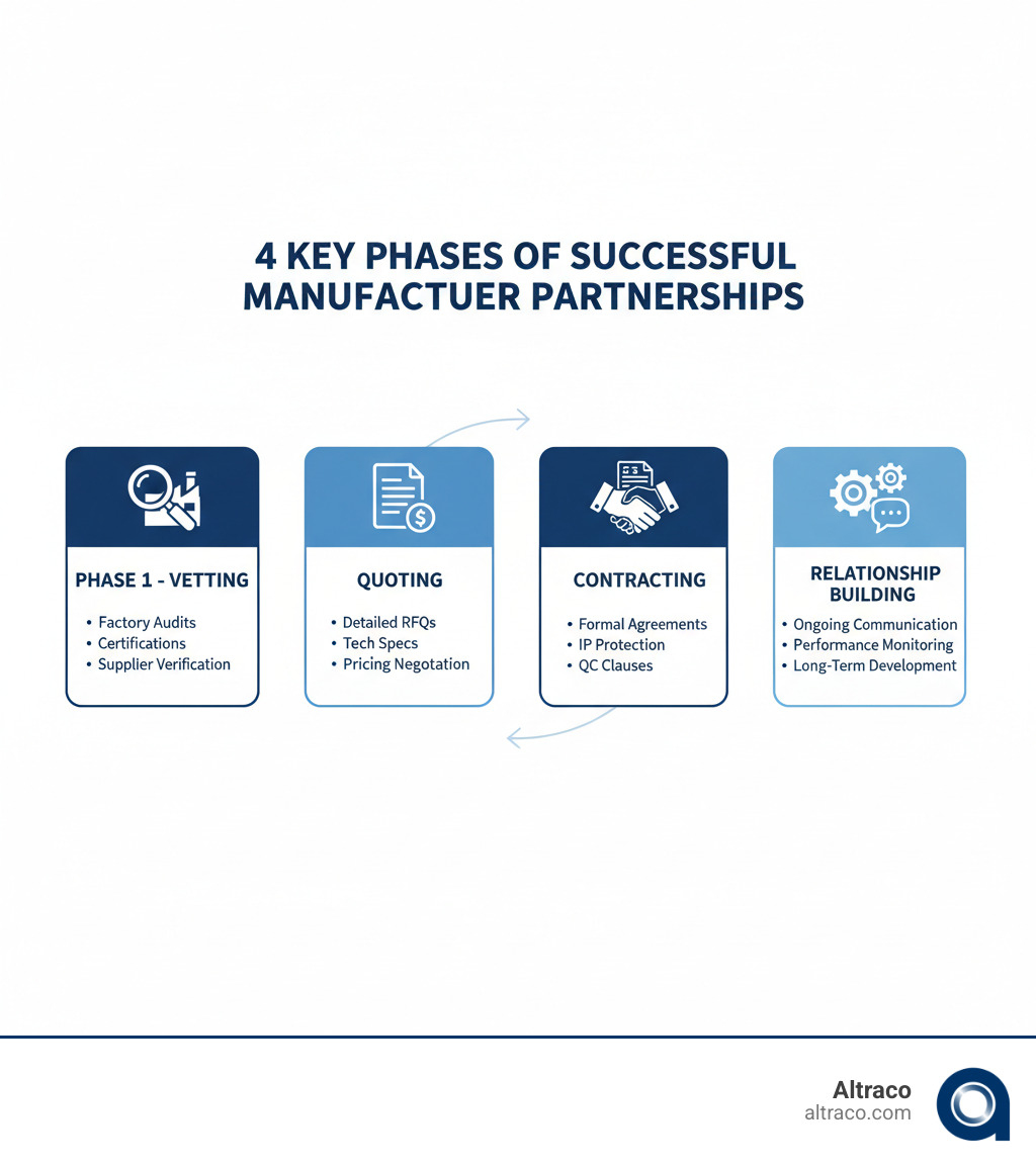 Infographic showing the 4 key phases of successful Chinese manufacturer partnerships: Phase 1 - Vetting (factory audits, certifications, supplier verification), Phase 2 - Quoting (detailed RFQs, technical specifications, pricing negotiation), Phase 3 - Contracting (formal agreements, IP protection, quality control clauses), Phase 4 - Relationship Building (ongoing communication, performance monitoring, long-term partnership development) - how to partner with chinese manufacturers infographic Infographic showing the 4 key phases of successful Chinese manufacturer partnerships: Phase 1 - Vetting (factory audits, certifications, supplier verification), Phase 2 - Quoting (detailed RFQs, technical specifications, pricing negotiation), Phase 3 - Contracting (formal agreements, IP protection, quality control clauses), Phase 4 - Relationship Building (ongoing communication, performance monitoring, long-term partnership development) - how to partner with chinese manufacturers infographic