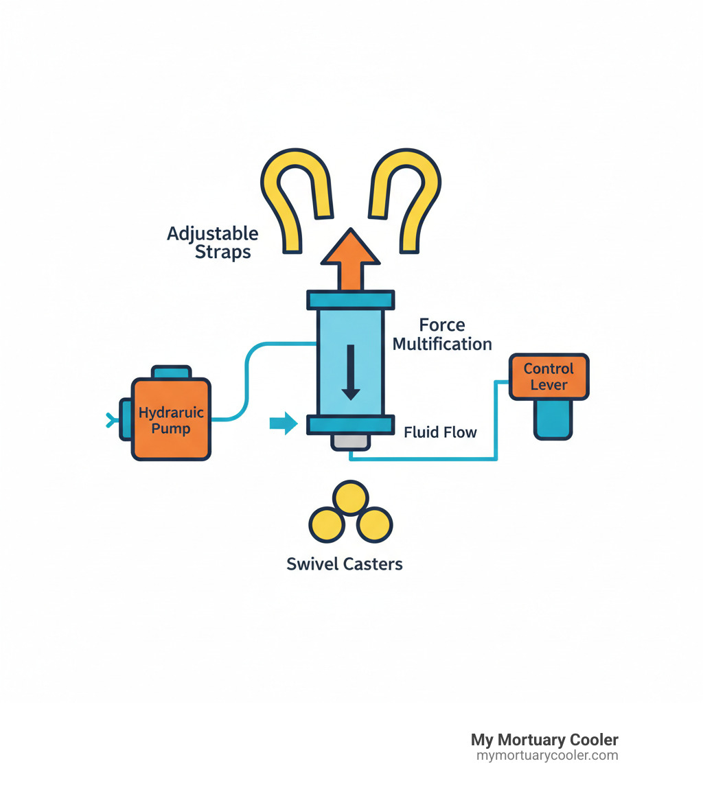 Infographic showing hydraulic body lift system components including hydraulic pump, cylinder and piston, adjustable straps, swivel casters, and control lever with arrows indicating fluid flow and force multiplication - Hydraulic body lift infographic 
