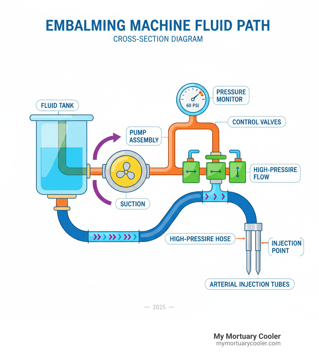 Detailed cross-section diagram showing the complete fluid path in an embalming machine, from the fluid tank through the pump assembly, pressure gauges, control valves, high-pressure hoses, and arterial injection tubes, with labeled arrows indicating flow direction and pressure points - embalming machine parts infographic 