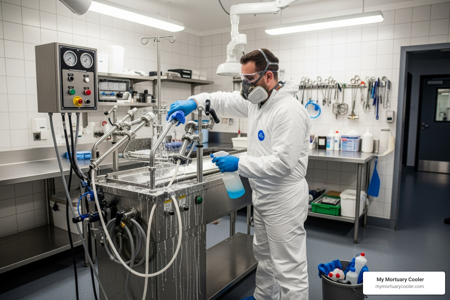 technician cleaning embalming machine - embalming machine parts