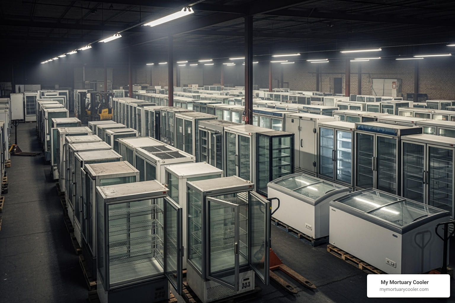 warehouse filled with various used commercial refrigeration units - used walk in cooler
