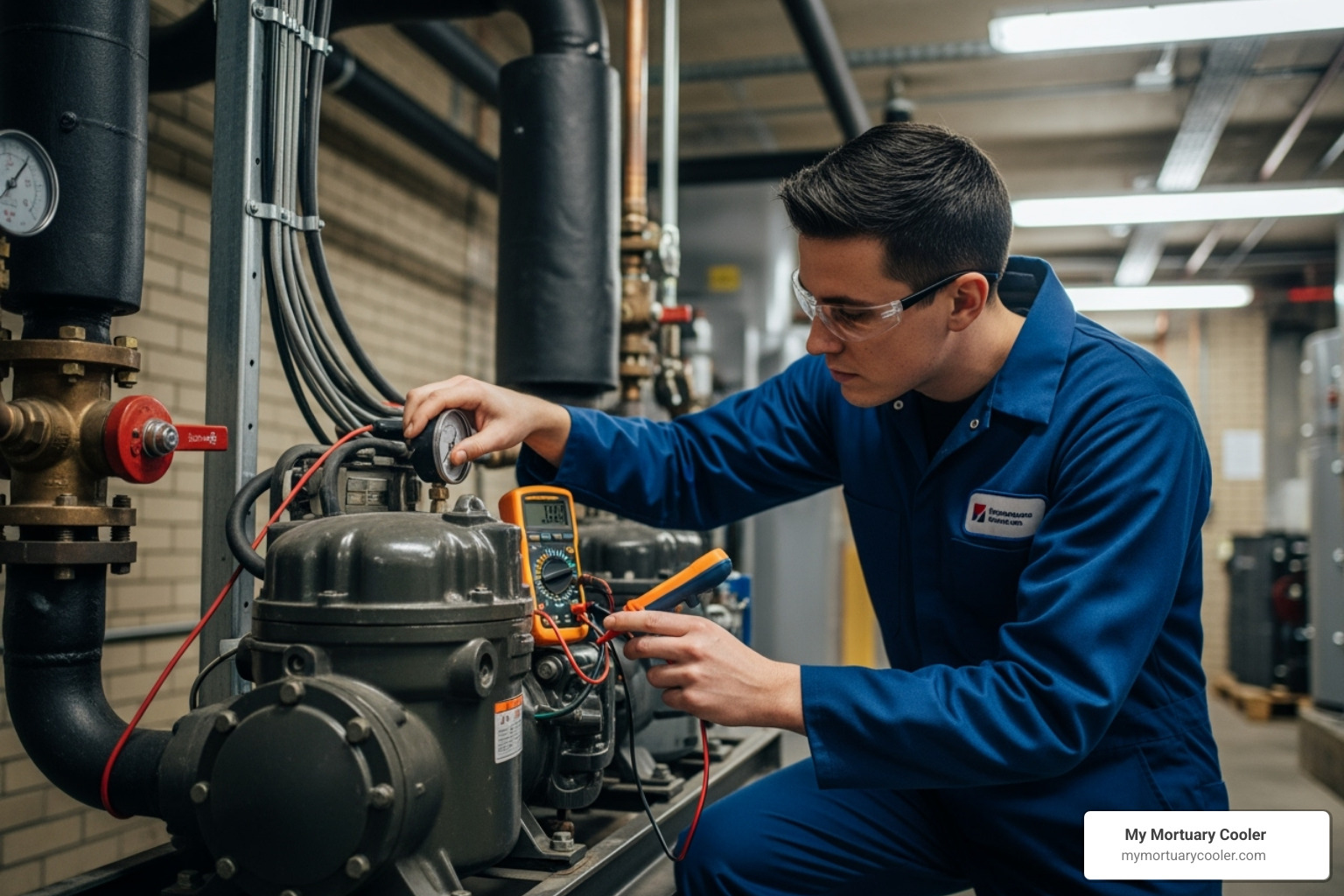 technician inspecting refrigeration compressor - used walk in cooler