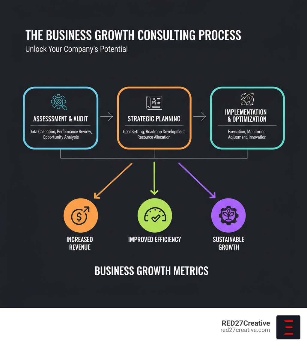 Infographic showing the business growth consulting process: Assessment and audit phase leading to strategic planning, followed by implementation and optimization, resulting in increased revenue, improved efficiency, and sustainable growth metrics - business growth consulting services infographic Infographic showing the business growth consulting process: Assessment and audit phase leading to strategic planning, followed by implementation and optimization, resulting in increased revenue, improved efficiency, and sustainable growth metrics - business growth consulting services infographic