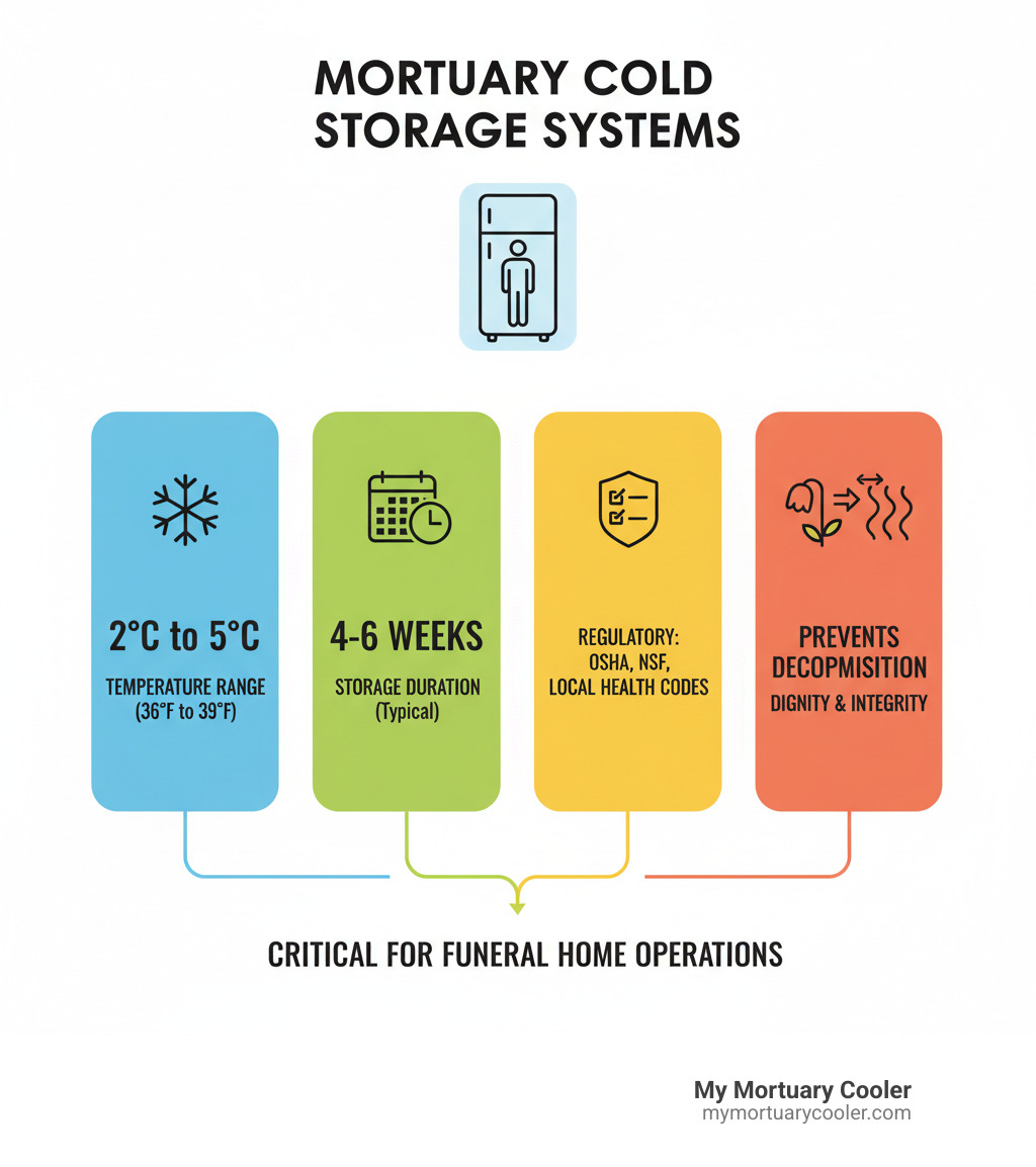 Comprehensive overview of mortuary cold storage systems showing temperature ranges, storage durations, regulatory requirements, and the relationship between proper refrigeration and decomposition prevention in funeral home operations - funeral home cold storage infographic 