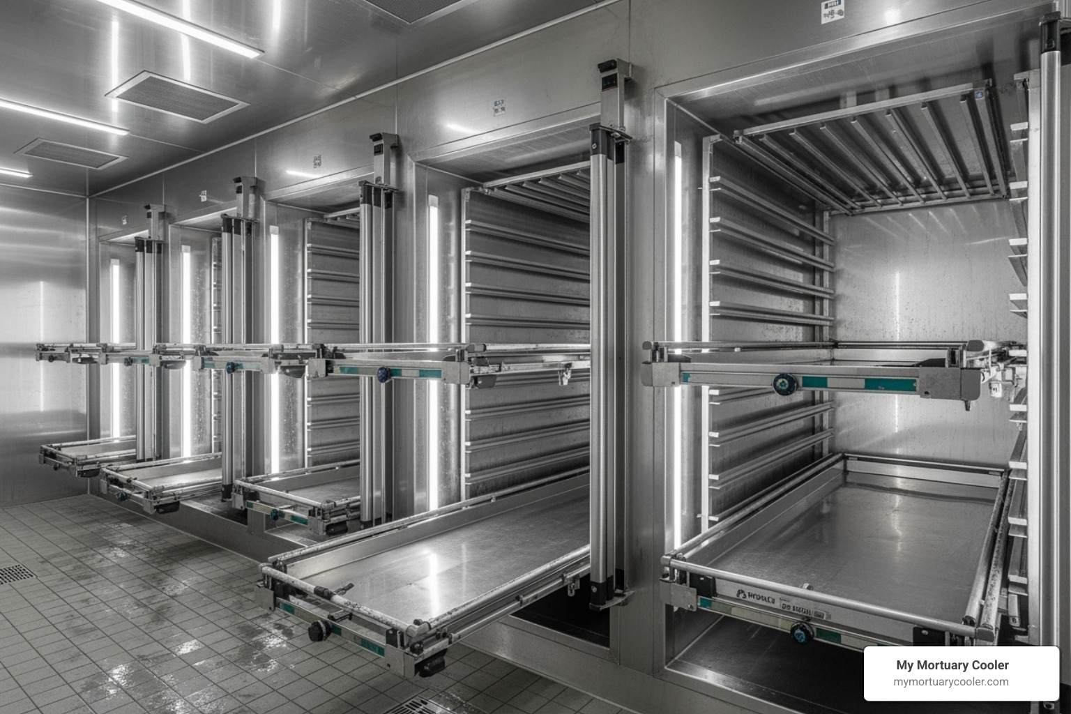 Interior of a mortuary cooler, showcasing adjustable racking systems and body trays for organized and hygienic storage of deceased individuals - funeral home cold storage