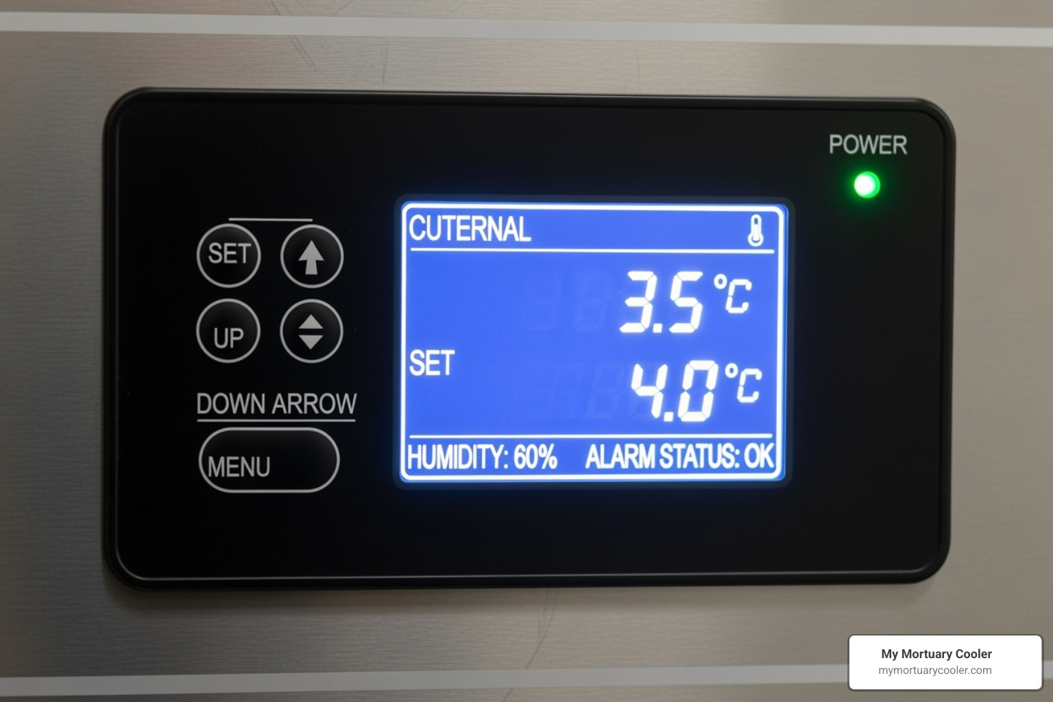 A digital temperature control panel on a mortuary cooler, displaying precise temperature settings and monitoring capabilities - funeral home cold storage