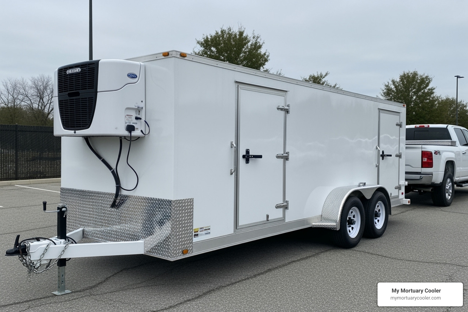 A trailer-mounted mobile mortuary cooler, ready for deployment in emergency situations or for temporary overflow capacity - funeral home cold storage
