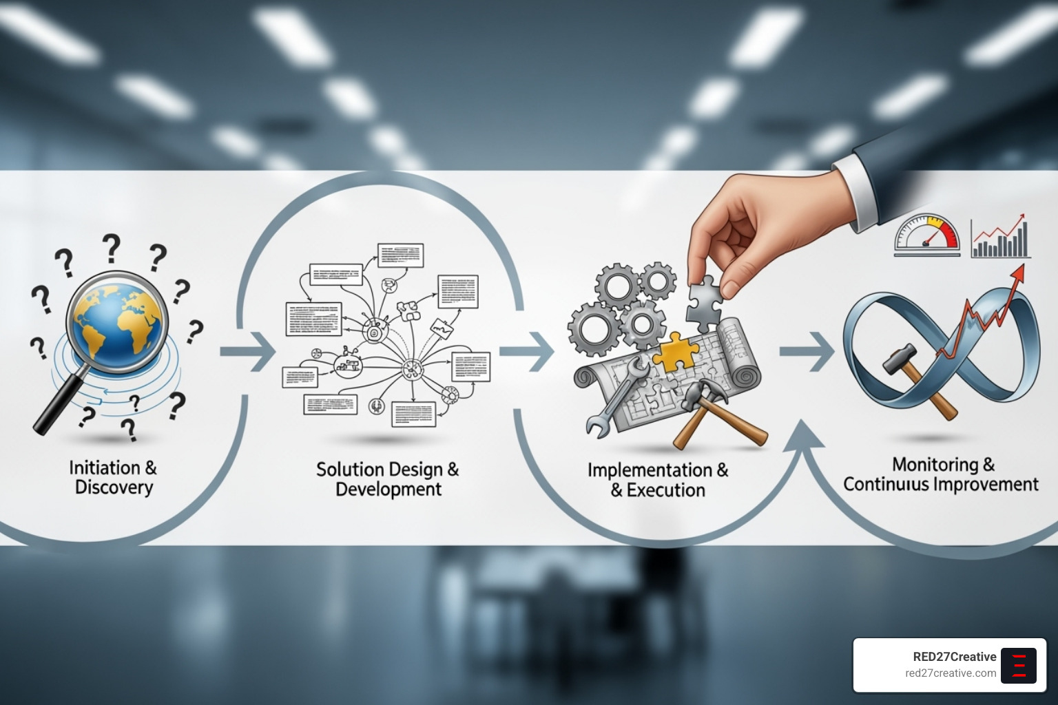 A flowchart illustrating the consulting process: Findy & Audit -> Strategic Blueprint -> Implementation & Execution -> Training & Handoff -> Monitoring & Optimization - business growth consulting services A flowchart illustrating the consulting process: Findy & Audit -> Strategic Blueprint -> Implementation & Execution -> Training & Handoff -> Monitoring & Optimization - business growth consulting services