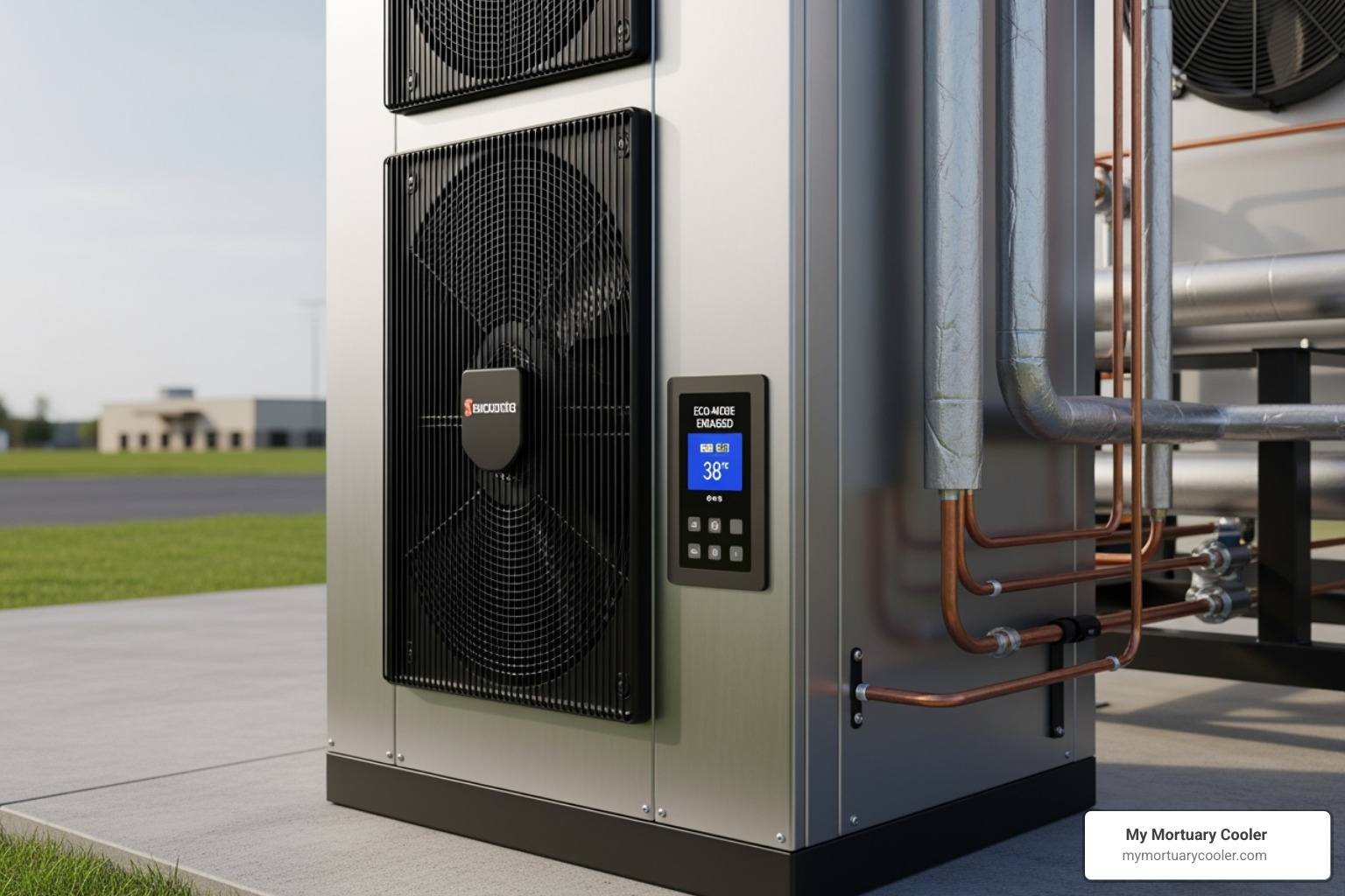 An energy-efficient condensing unit for a walk-in cooler, featuring modern components designed to reduce power consumption and environmental impact - funeral home cold storage