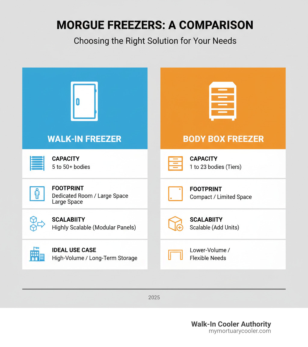 Table comparing Walk-In vs. Body Box Freezers on Capacity, Footprint, Scalability, and Ideal Use Case - morgue freezer infographic 