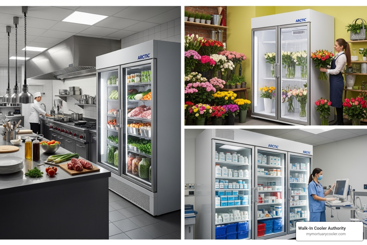 Collage showing Arctic walk-in units in different settings: a restaurant kitchen, a floral shop, and a medical facility - arctic walk in