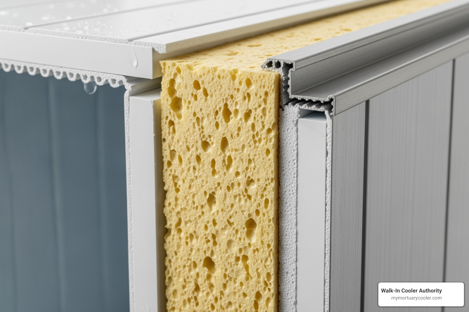 Close-up of high-density foam insulation inside a cutaway panel of an Arctic walk-in unit - arctic walk in