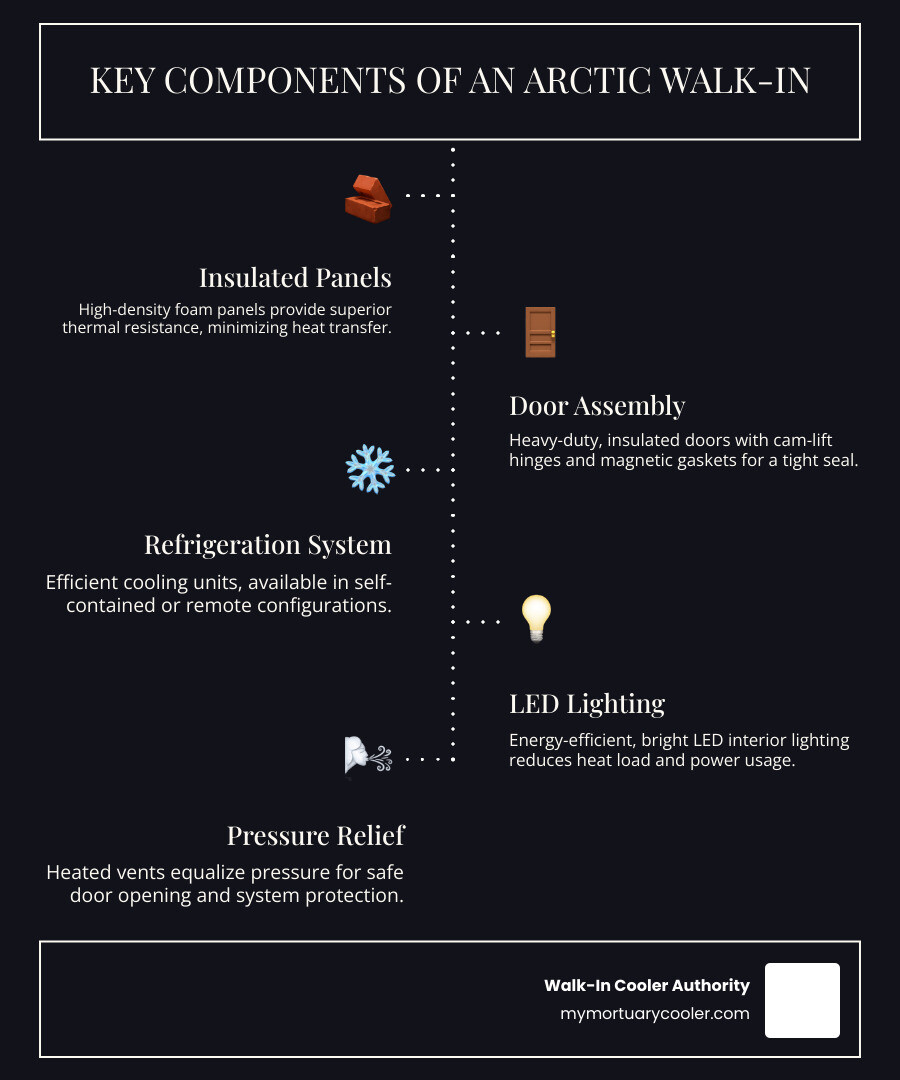 Detailed infographic showing the anatomy of an Arctic walk-in unit with labeled components including high-density insulated panels, cam-lock assembly system, heavy-duty door with gaskets, LED lighting, pressure relief vents, and refrigeration system options - arctic walk in infographic infographic-line-5-steps-dark