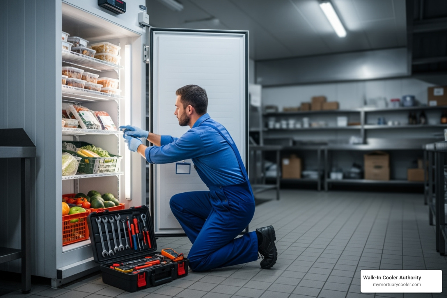 Technician servicing a refrigeration unit, emphasizing maintenance and support - arctic walk in