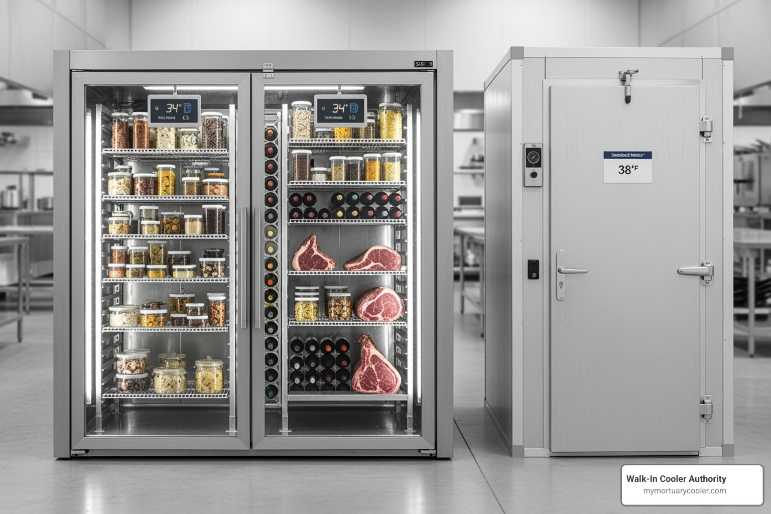 Image comparing a large, custom-configured Signature Series unit with a standard-sized Blue Line unit, highlighting the size and feature differences - arctic walk in