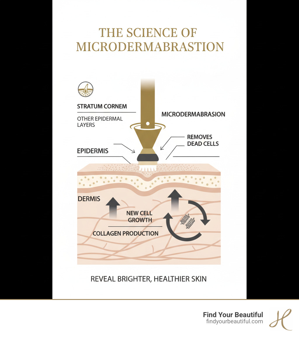 Detailed infographic showing the layers of skin from epidermis to dermis, with arrows indicating how microdermabrasion specifically targets and removes the stratum corneum (outermost layer), promoting new cell growth and collagen production in deeper layers - microdermabrasion infographic 