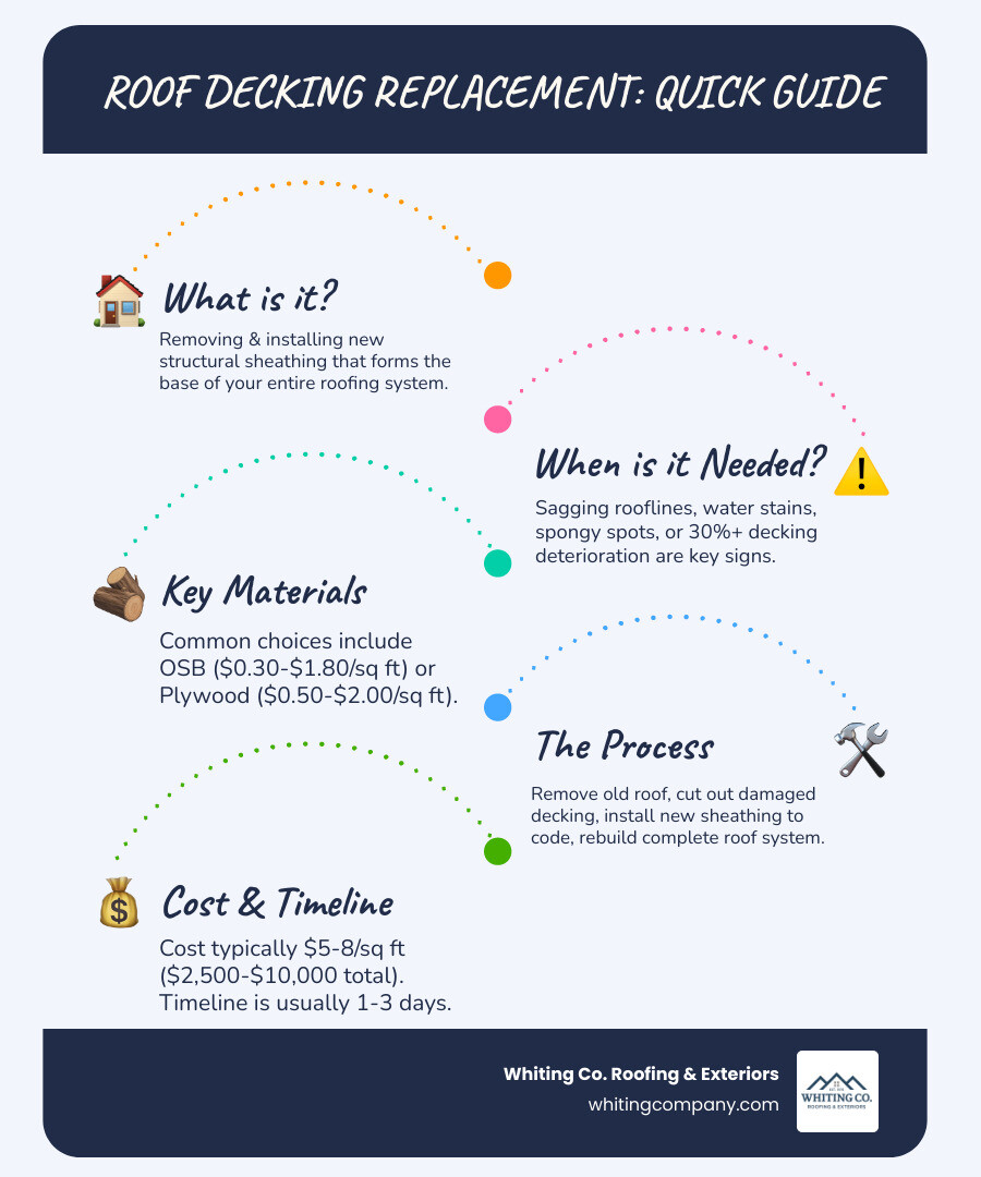 Comprehensive infographic showing the complete roof decking replacement process from initial inspection through final installation, including material options, cost breakdowns, timeline expectations, and warning signs that indicate replacement is needed - Roof decking replacement infographic infographic-line-5-steps-blues-accent_colors
