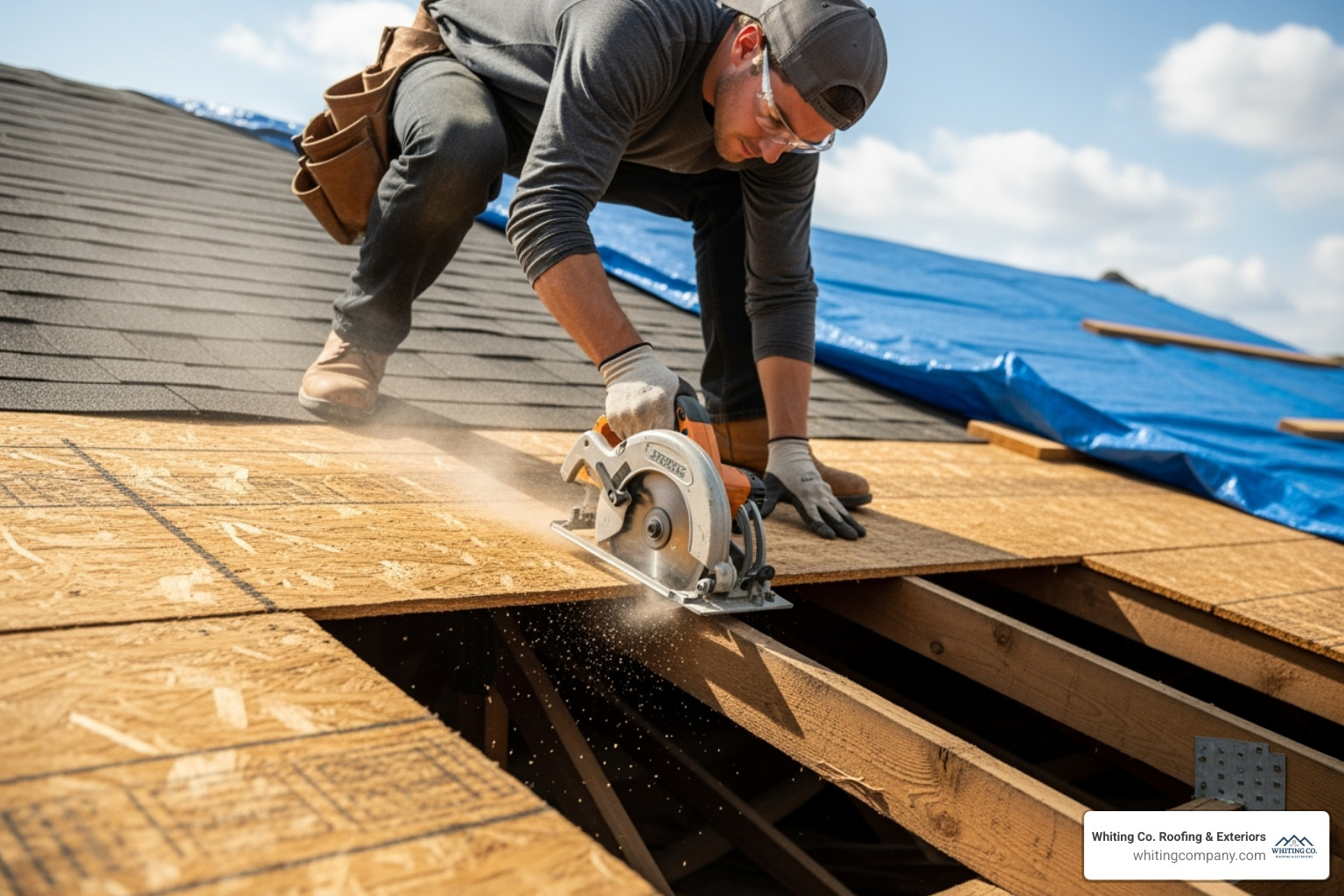 Roofer cutting out rotted OSB decking - Roof decking replacement