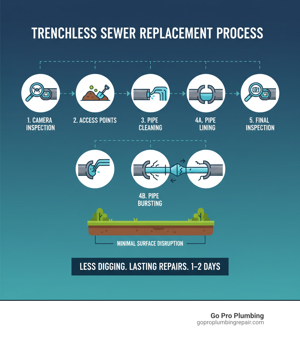 Detailed infographic showing the trenchless sewer replacement process from camera inspection through pipe bursting or lining installation, with cross-section views of underground pipes and minimal surface disruption - how does trenchless sewer line replacement work infographic  Detailed infographic showing the trenchless sewer replacement process from camera inspection through pipe bursting or lining installation, with cross-section views of underground pipes and minimal surface disruption - how does trenchless sewer line replacement work infographic