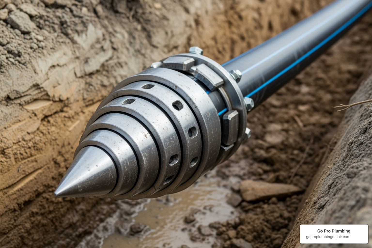 pipe bursting head attached to HDPE pipe - how does trenchless sewer line replacement work pipe bursting head attached to HDPE pipe - how does trenchless sewer line replacement work