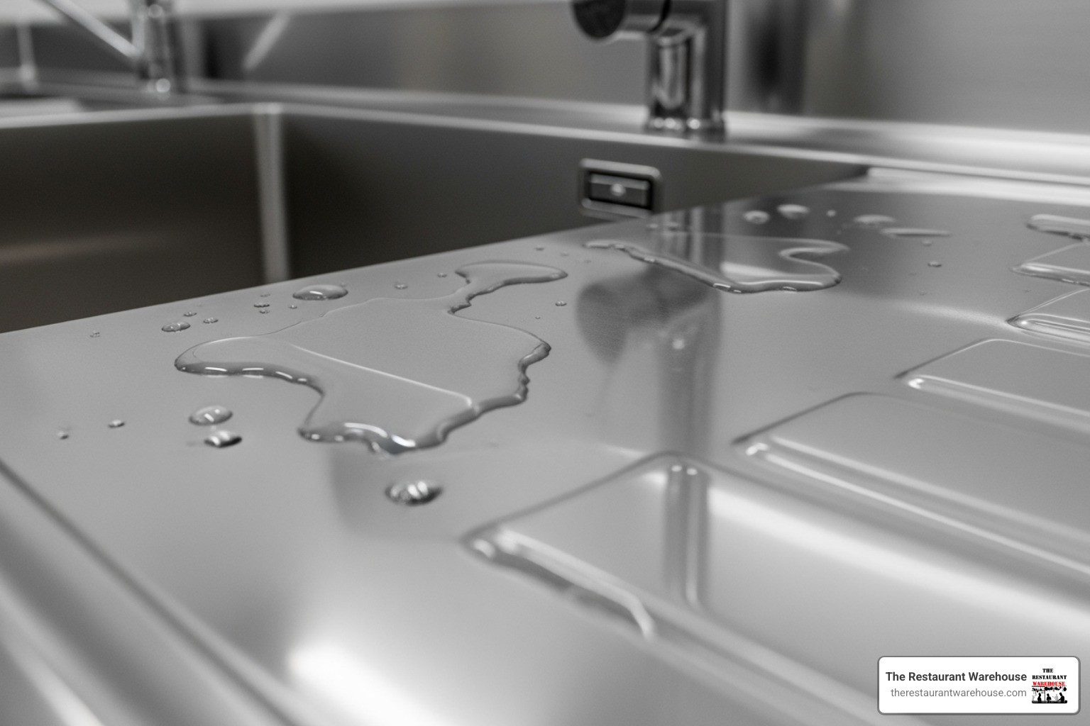 Close-up shot highlighting the clean, non-porous surface of a durable stainless steel commercial kitchen sink, emphasizing its hygienic properties. - commercial kitchen sinks