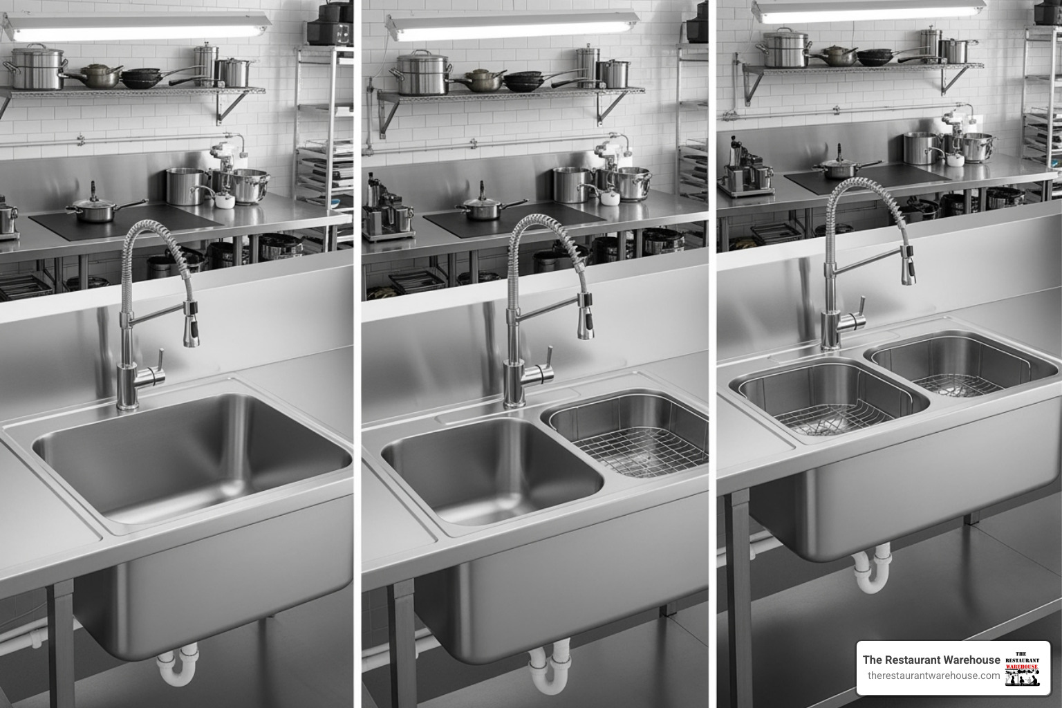 Side-by-side graphic comparing a single, double, and triple compartment commercial kitchen sink, highlighting their different uses and configurations for various kitchen tasks. - commercial kitchen sinks