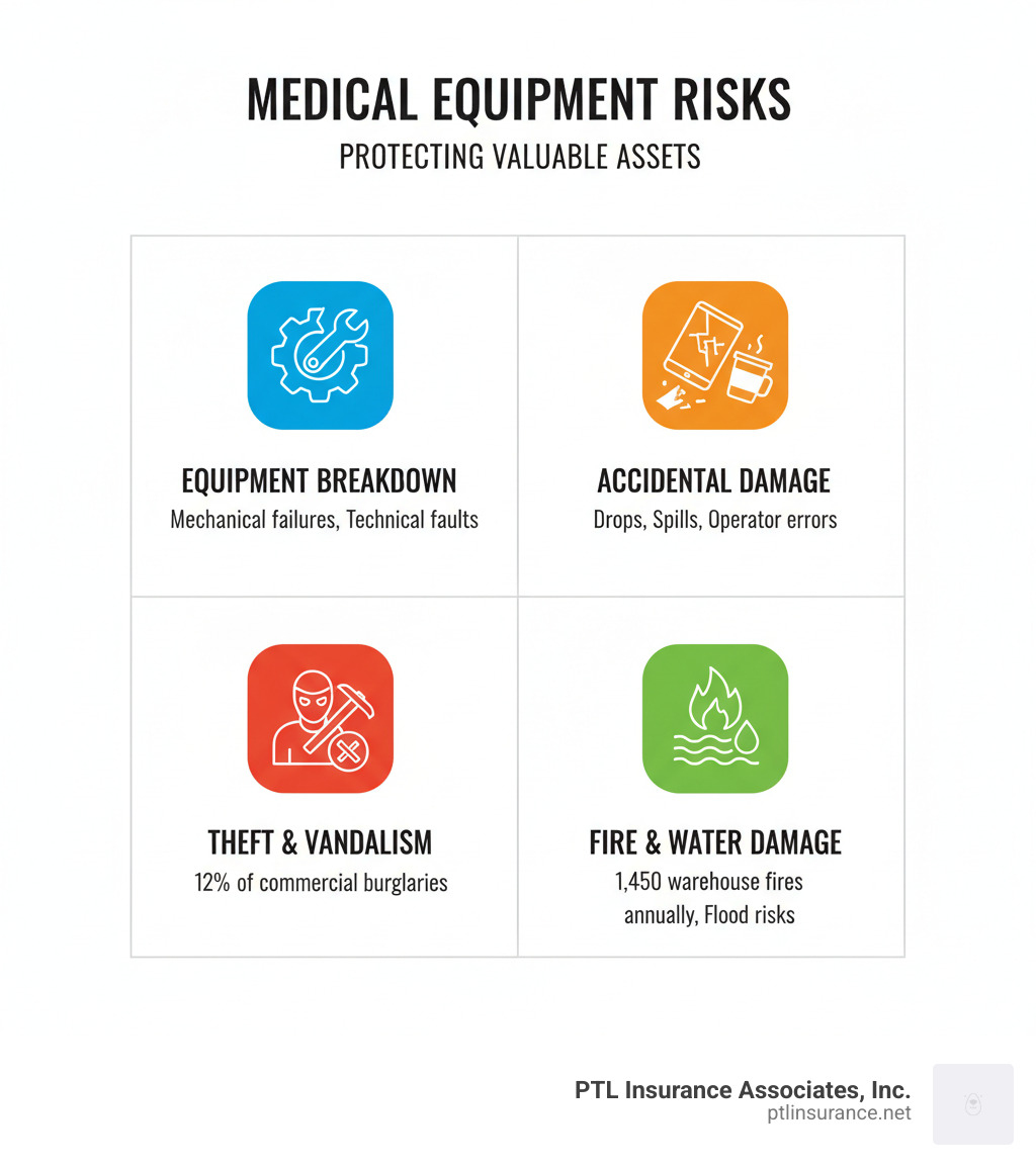 Infographic showing the four main risks to medical equipment: Equipment Breakdown (mechanical failures and technical faults), Accidental Damage (drops, spills, and operator errors), Theft and Vandalism (12% of commercial burglaries target equipment), and Fire and Water Damage (1,450 warehouse fires annually plus flood risks) - Medical equipment insurance infographic 