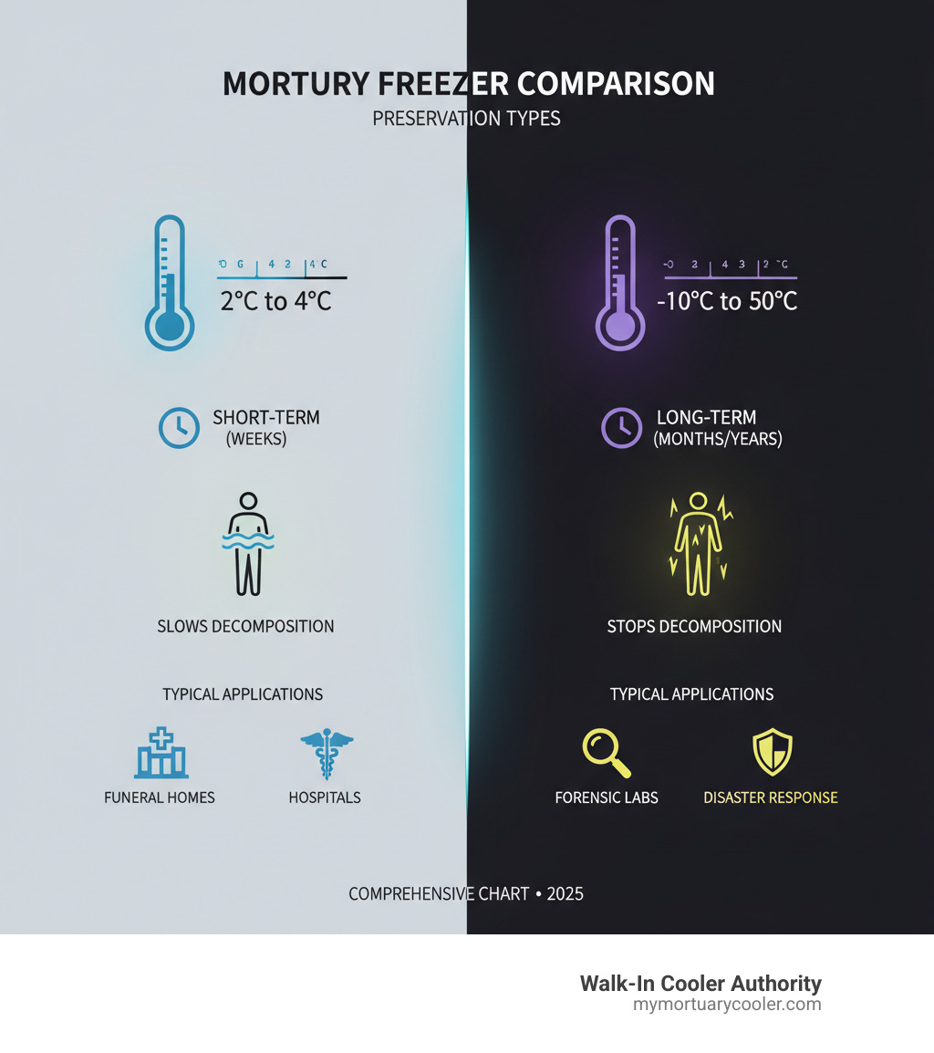 Comprehensive comparison chart showing positive vs negative temperature mortuary freezers, including temperature ranges, storage durations, typical applications, and decomposition rates for each type - mortuary freezer infographic 