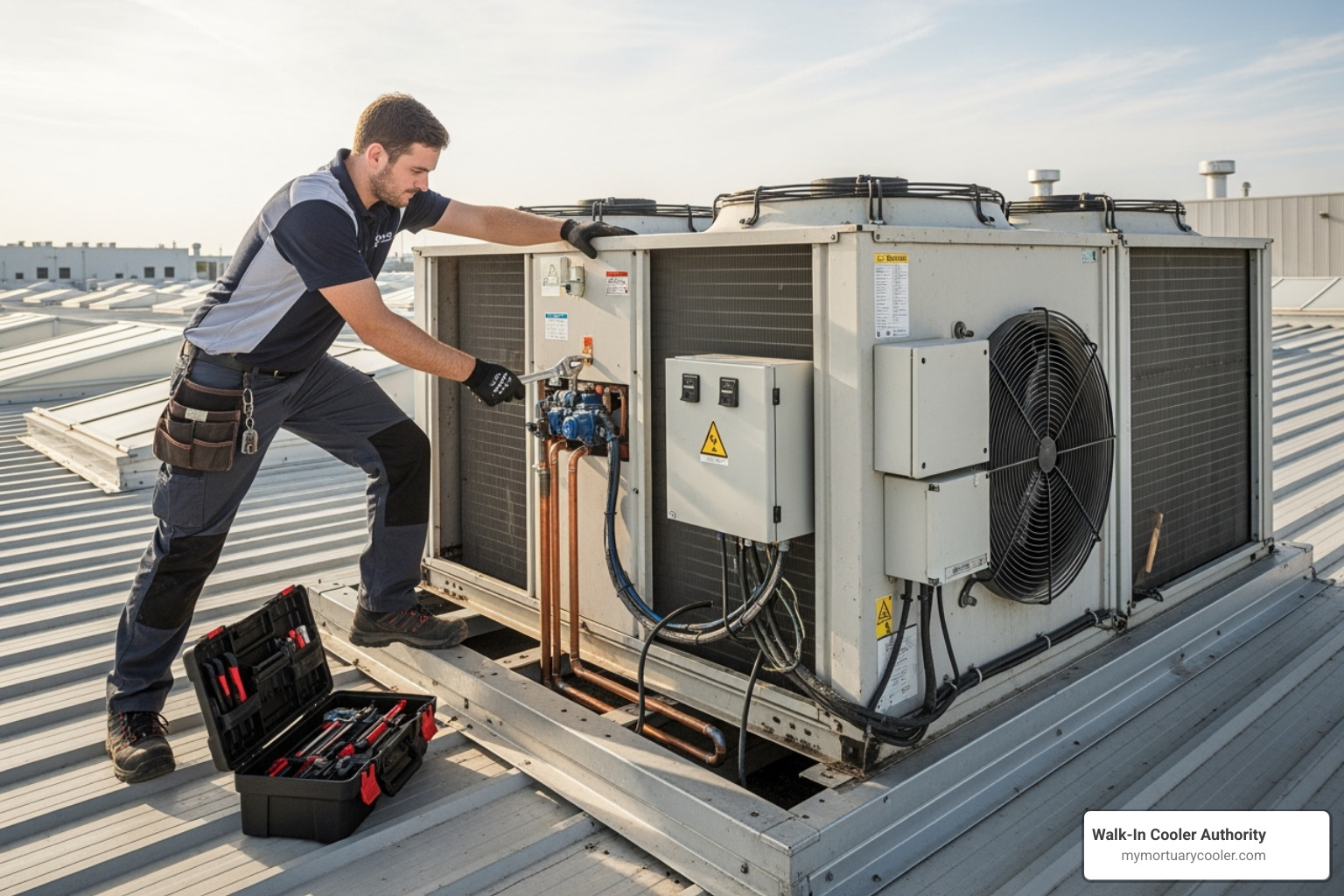 a technician servicing a refrigeration unit on top of a cooler - mortuary freezer