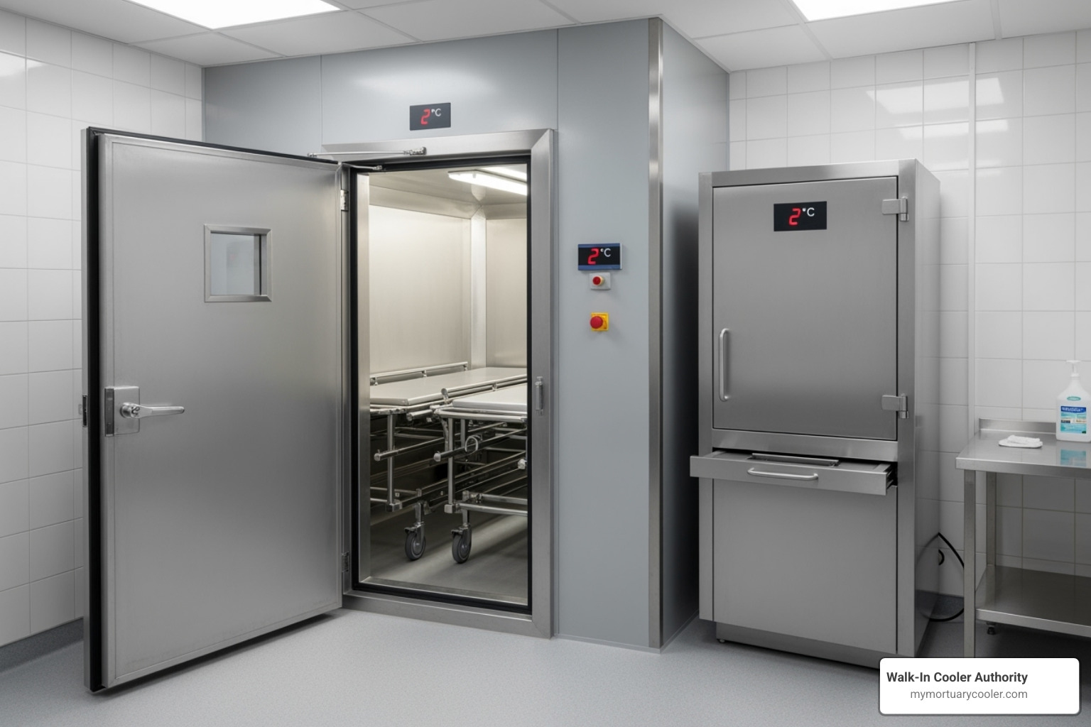 a large walk-in cooler next to a smaller body box unit - mortuary freezer