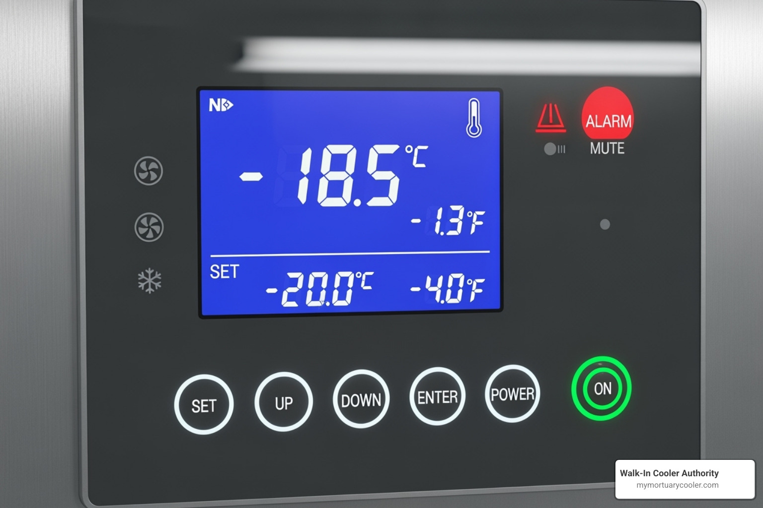 a digital temperature control panel with an alarm indicator - mortuary freezer