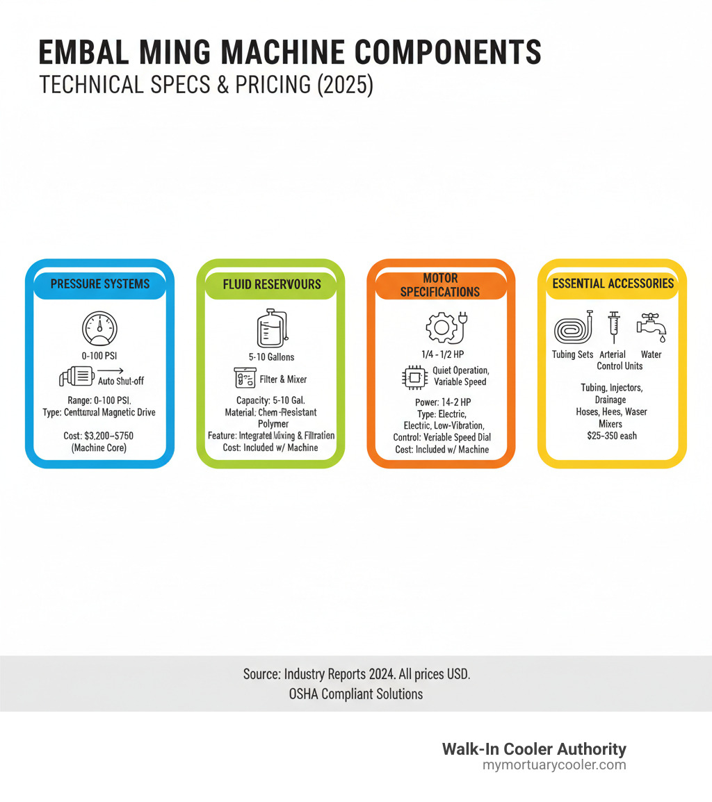 Detailed breakdown of embalming machine components including pressure systems, fluid reservoirs, motor specifications, and essential accessories with technical specifications and price ranges - embalming equipment for sale infographic 