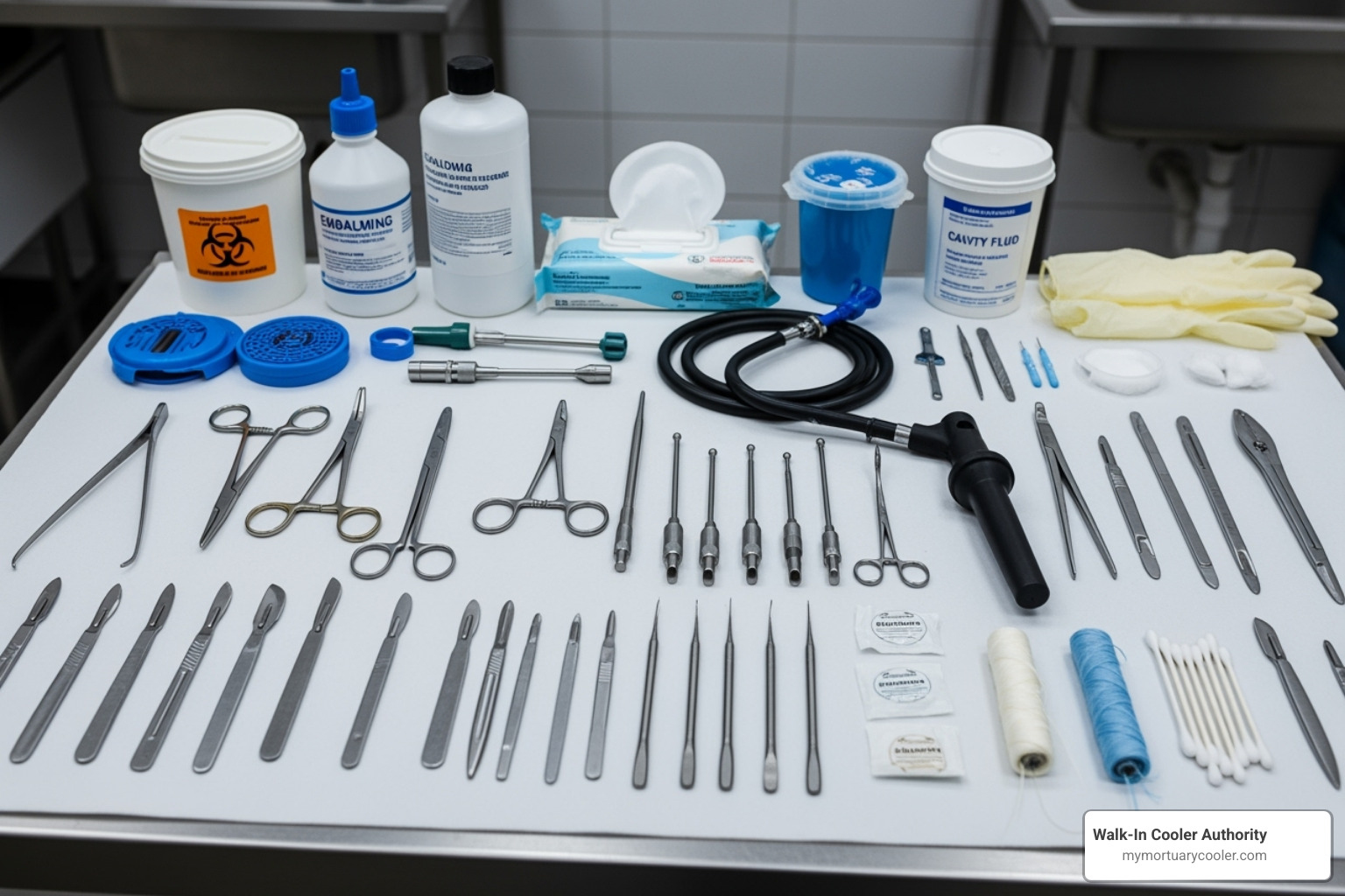 neatly organized embalming tools and accessories - embalming equipment for sale