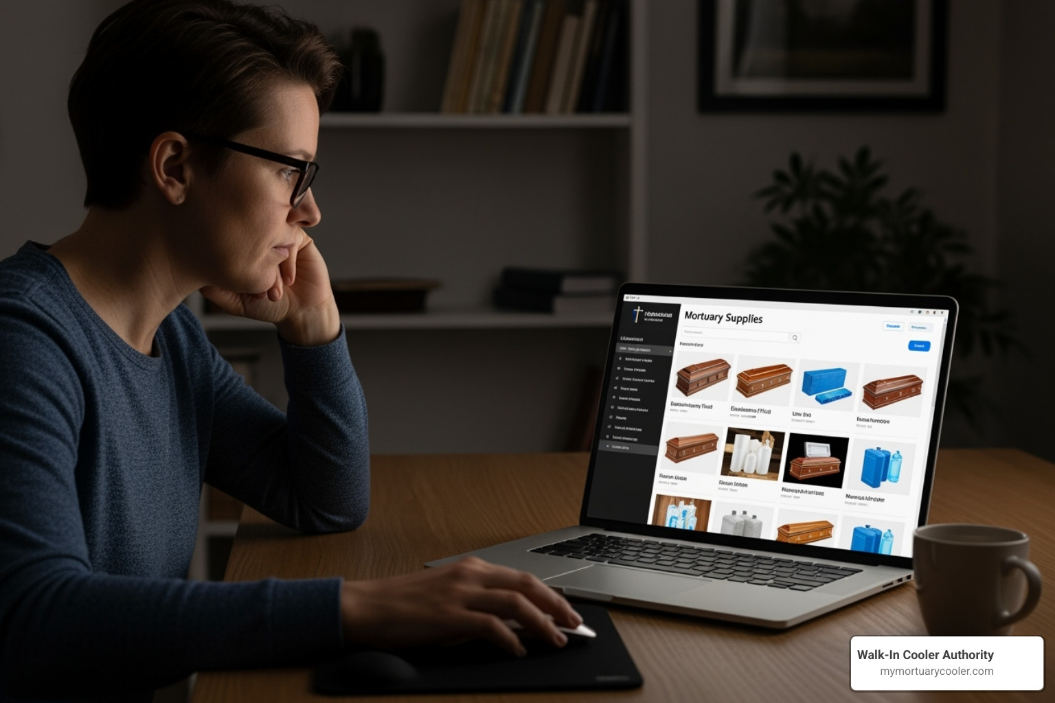 person browsing online catalog of mortuary supplies - embalming equipment for sale