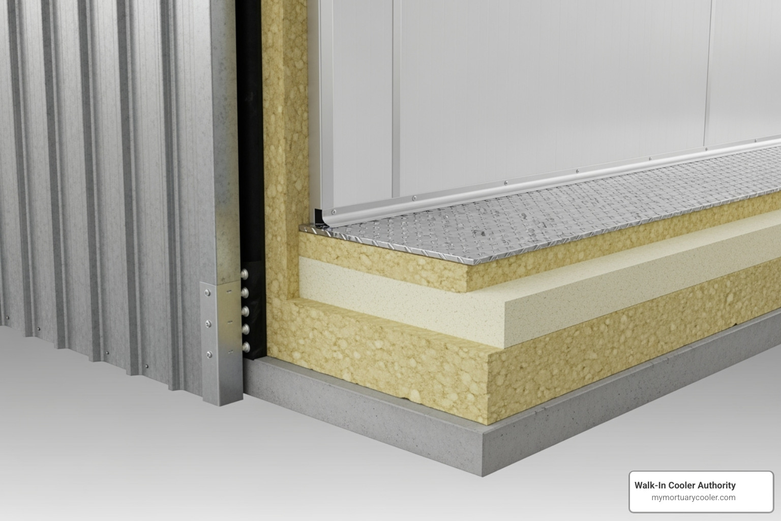 cutaway view showing insulation, wall panels, and flooring of an exterior cooler - exterior walk in cooler