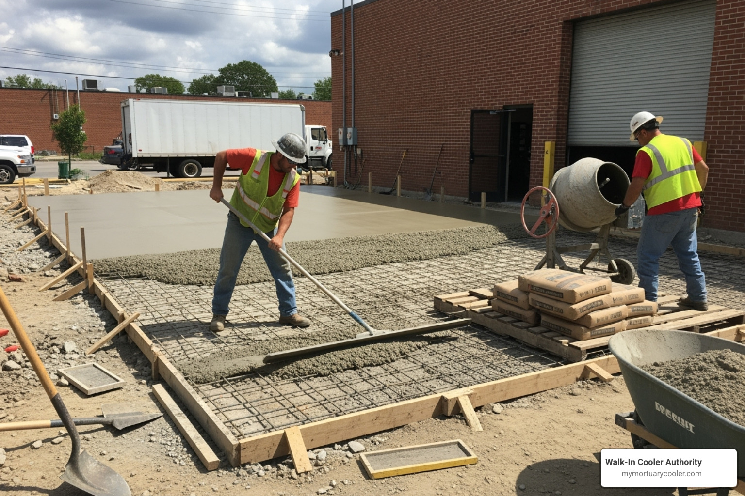 concrete pad being prepared for an exterior walk-in cooler installation - exterior walk in cooler
