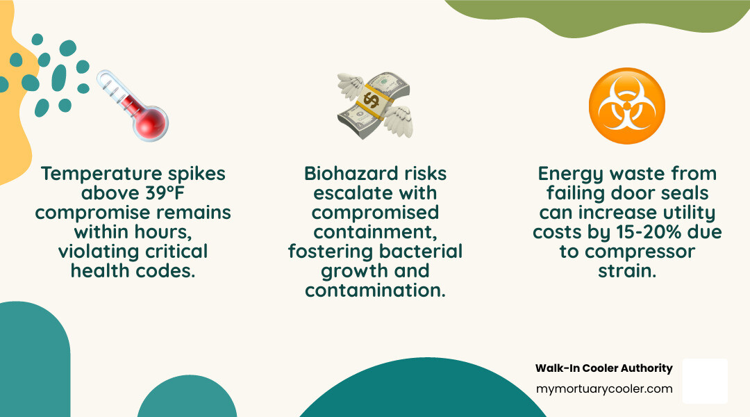 Infographic showing the consequences of failing mortuary cold room doors: temperature spikes leading to health code violations, energy waste from poor seals causing increased utility costs, and biohazard risks from compromised containment systems - mortuary cold room doors service maintenance infographic 3_facts_emoji_nature