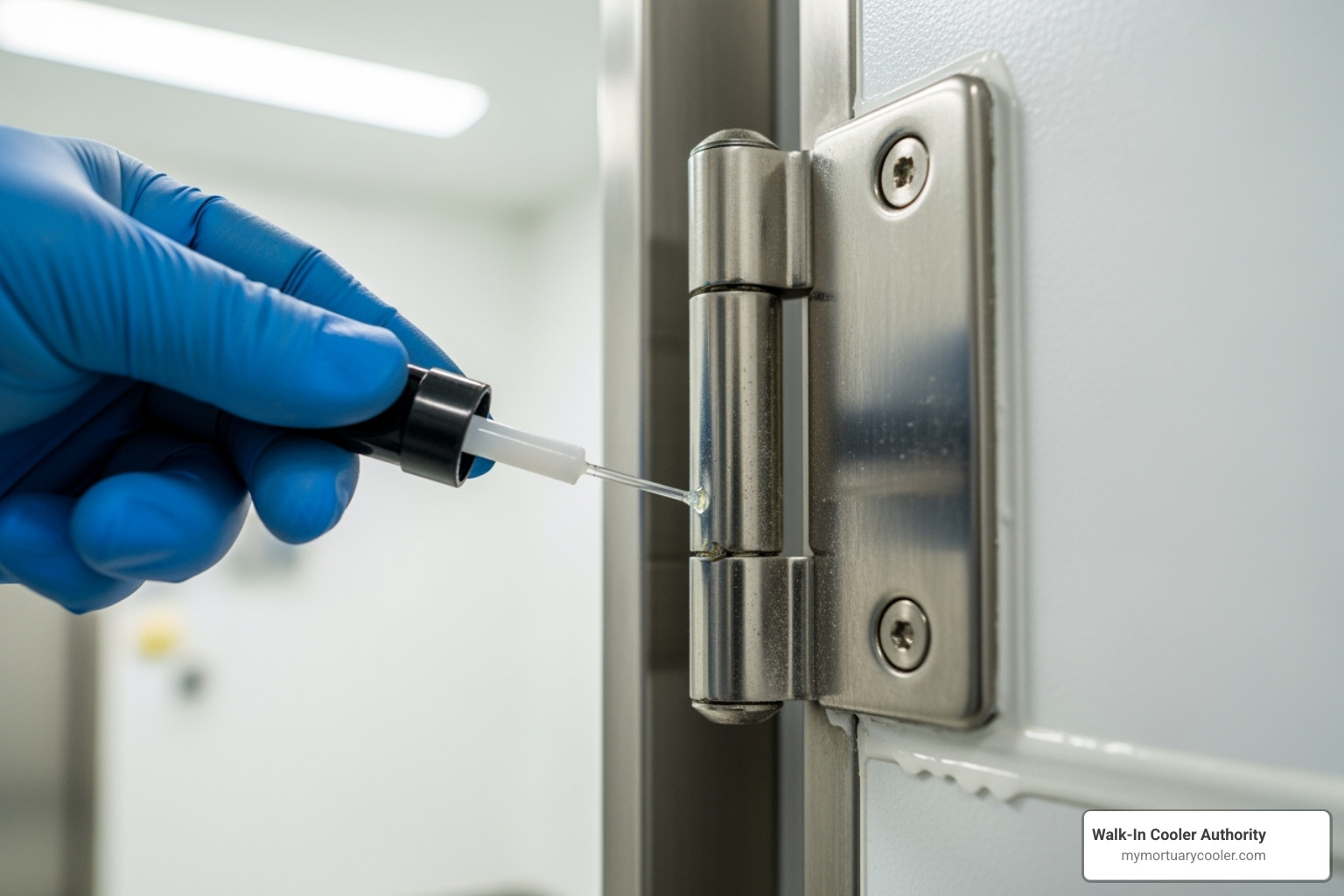 technician lubricating a door hinge - mortuary cold room doors service maintenance