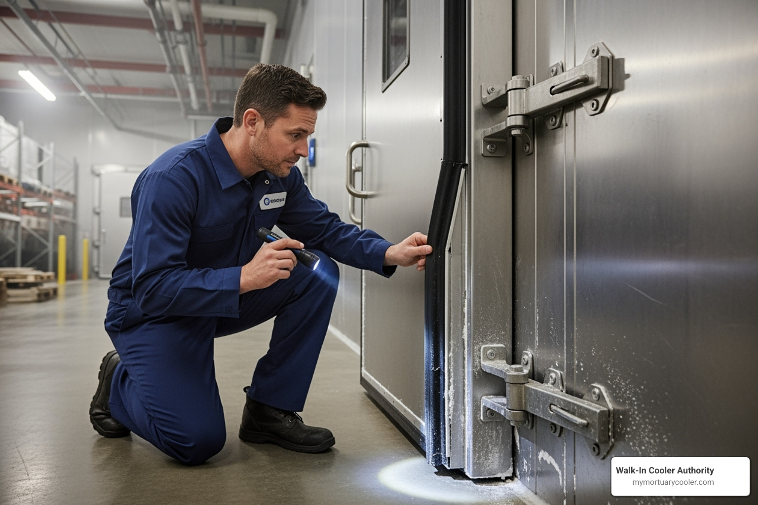 technician checking a door seal - mortuary cold room doors service maintenance