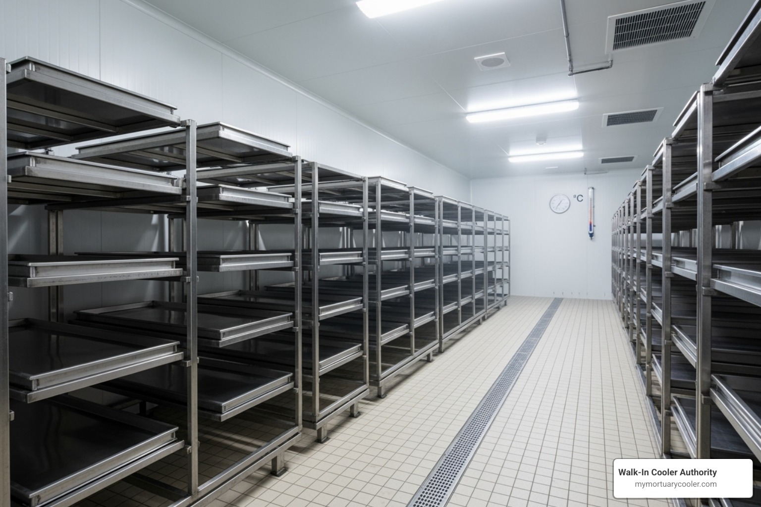 interior of a large walk-in mortuary cooler with racking systems - morgue fridges