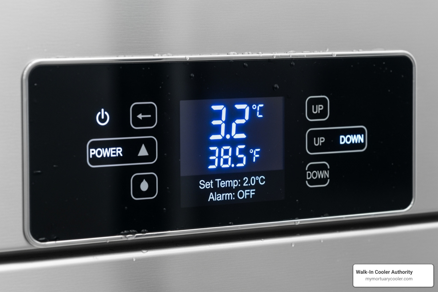 digital temperature control panel on a morgue fridge - morgue fridges