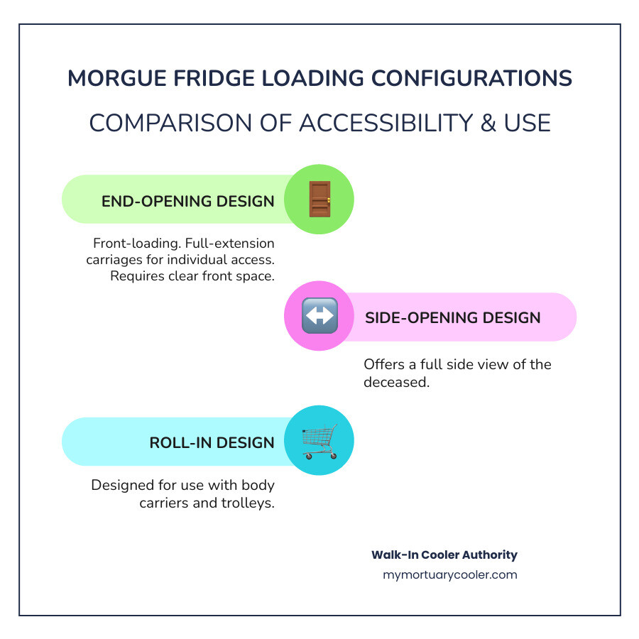 Table comparing End-Opening, Side-Opening, and Roll-In refrigerators on accessibility, space requirements, and typical use cases - morgue fridges infographic infographic-line-3-steps-colors
